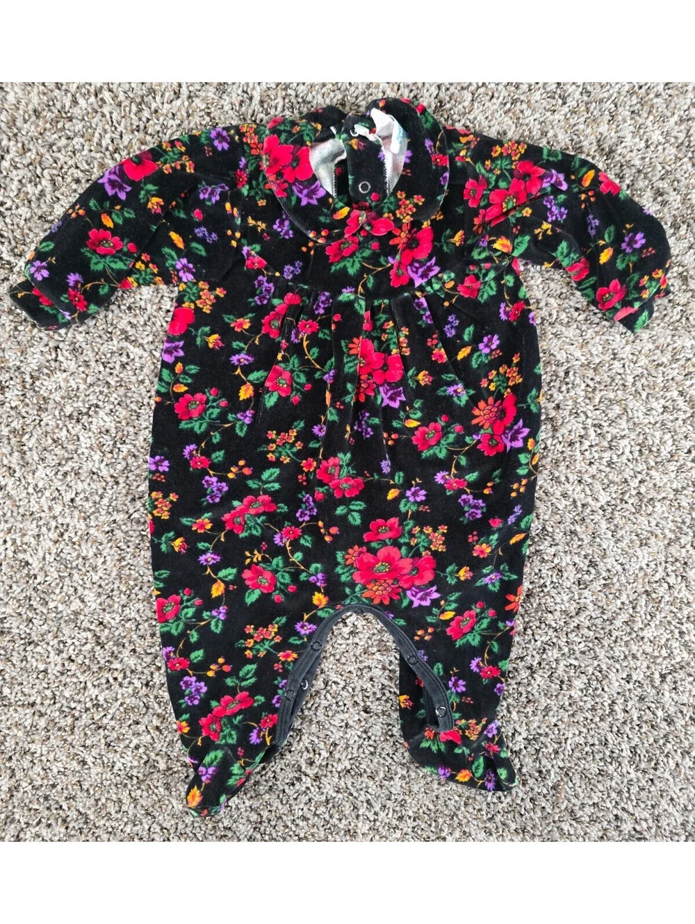 Vtg 1980s Cotton Resources Baby Girls Sz 6/9M Bubble Romper Black Floral Velvet